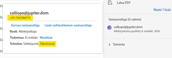 Vastaanottajatietue, jossa on korostettuna tekstiviestien toimitustapa ja puhelinnumero, johon viestit toimitetaan