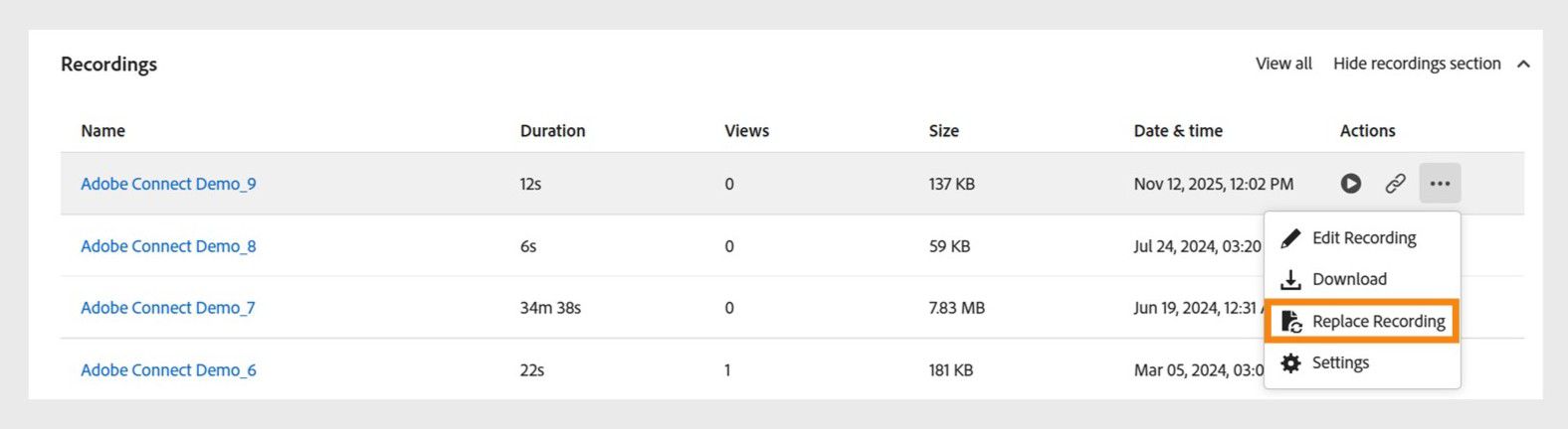 Recordings widget showing the options to replace a recording