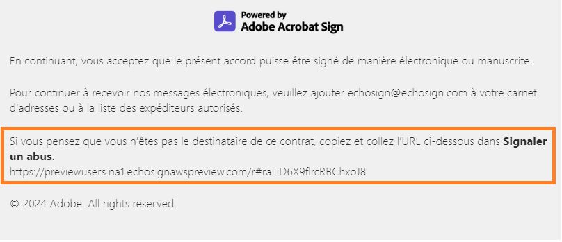 URL sans lien permettant de signaler un abus dans le pied de page de l’e-mail