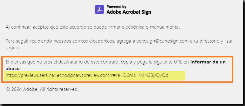 URL sin vínculo para denunciar abusos en el pie de página del correo electrónico