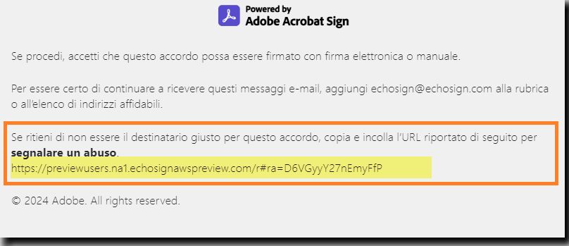 URL senza collegamento per segnalare abusi nel piè di pagina dell’e-mail