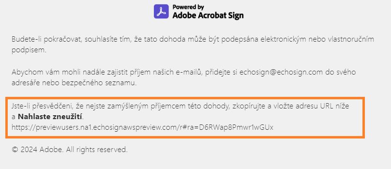 Adresa URL pro hlášení zneužití v zápatí e-mailu