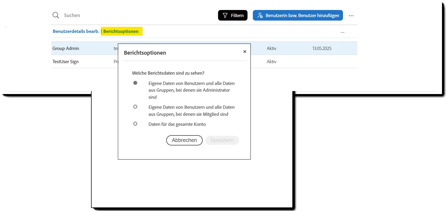 Die erweiterten Benutzendenaktionen mit hervorgehobener Option „Berichtsoptionen“.
