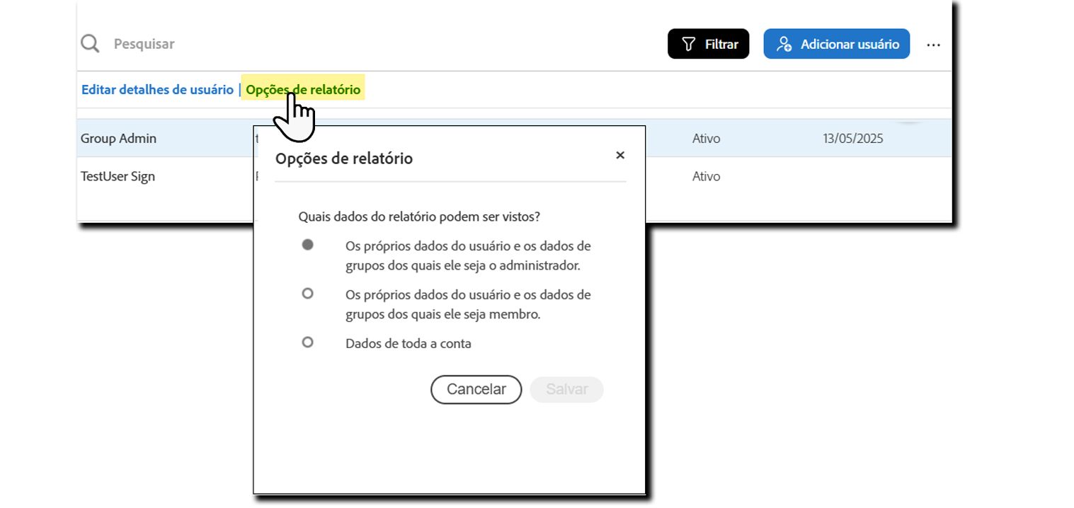 As ações expandidas do usuário, com as “Opções de relatório” realçadas.