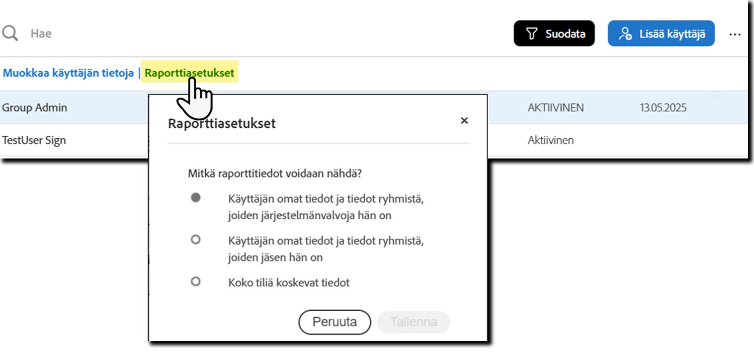 Laajennetut käyttäjätoiminnot, joissa Raportointiasetukset on korostettuna.