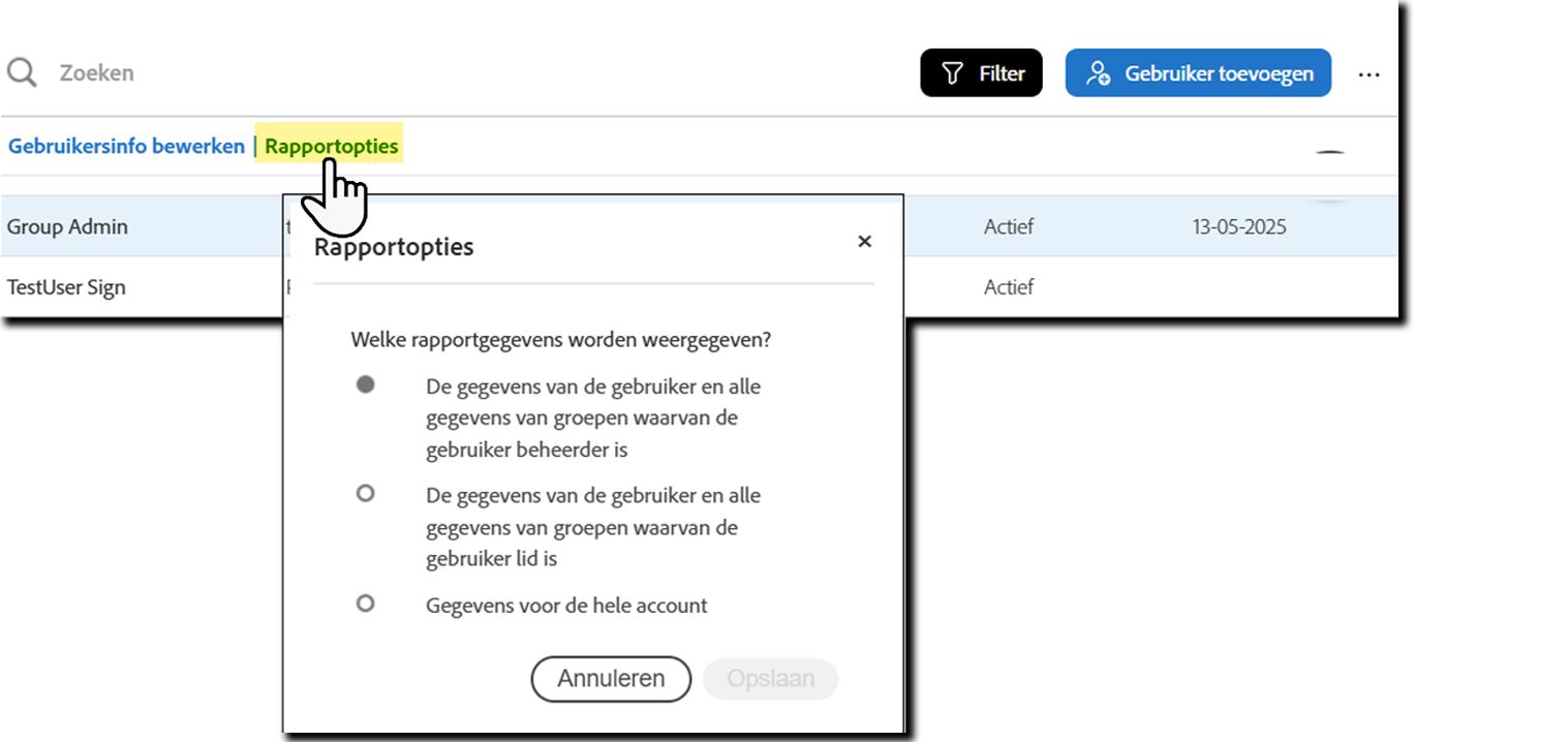 De uitgebreide gebruikersacties met rapportopties gemarkeerd.