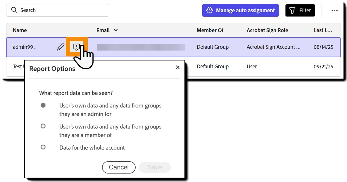 Rozszerzone działania użytkownika z podświetlonymi opcjami raportu.