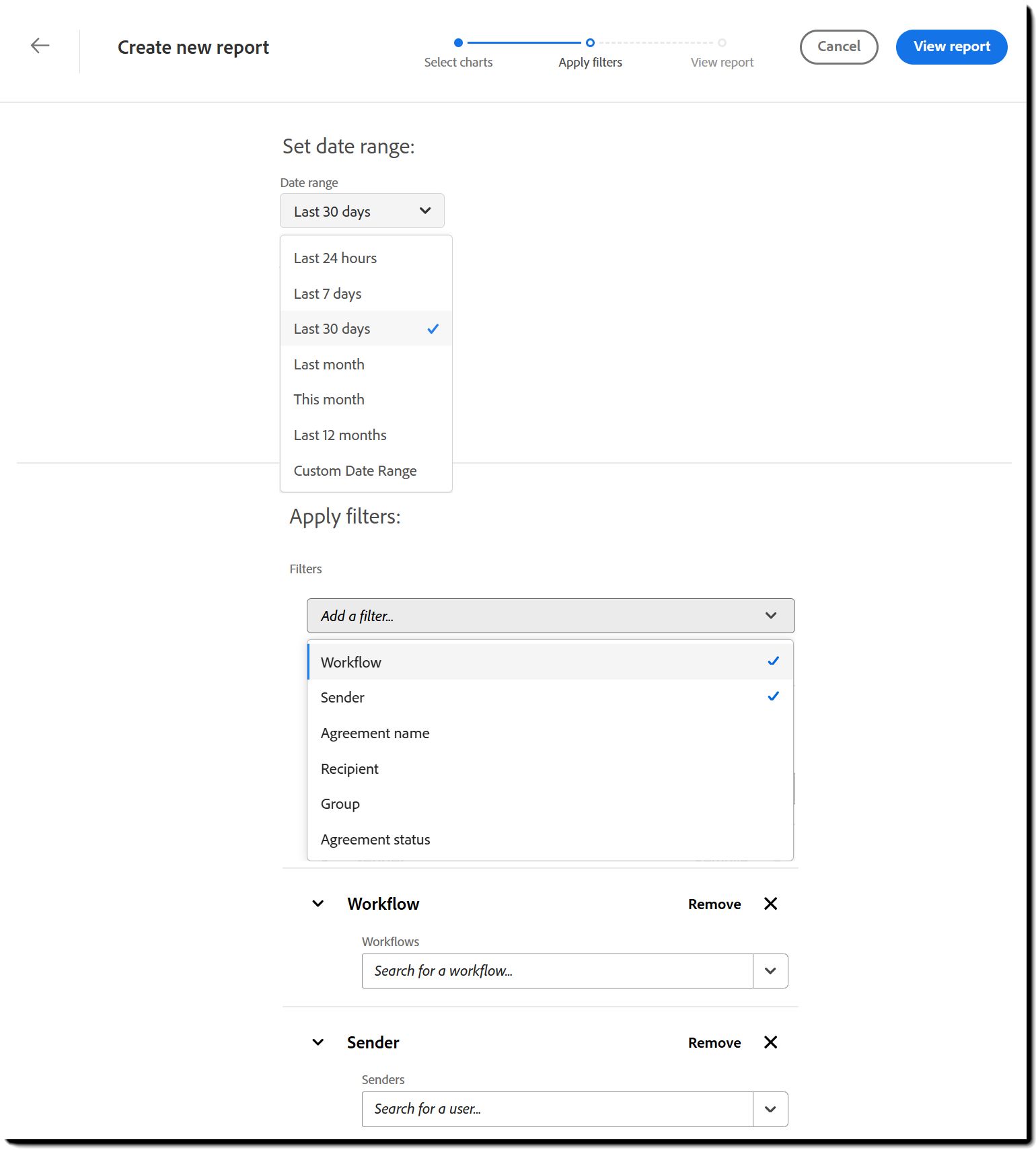 Uma configuração de relatório mostrando os filtros Remetente e Fluxo de trabalho expandidos