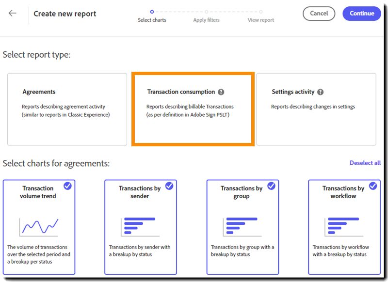 La pagina del selettore Report aperta con i report Utilizzo delle transazioni visualizzati