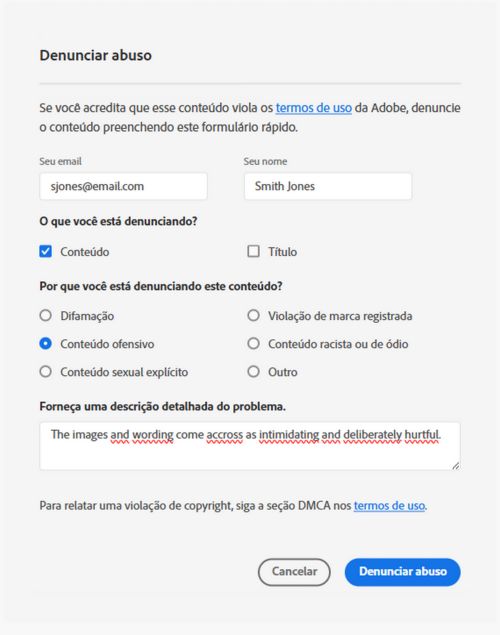 A caixa de diálogo “Denunciar abuso” do Adobe Acrobat mostra as opções de adicionar informações sobre o receio em questão e os detalhes do denunciante.