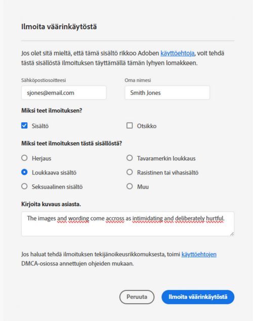 Adobe Acrobatin väärinkäytösilmoituksen valintaikkuna näyttää vaihtoehdot huolen ja ilmoittajan tietojen lisäämiseen.