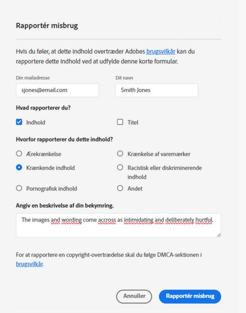 Dialogboksen Anmeld misbrug i Adobe Acrobat viser muligheder for at tilføje oplysninger om problemet og anmelderens oplysninger.