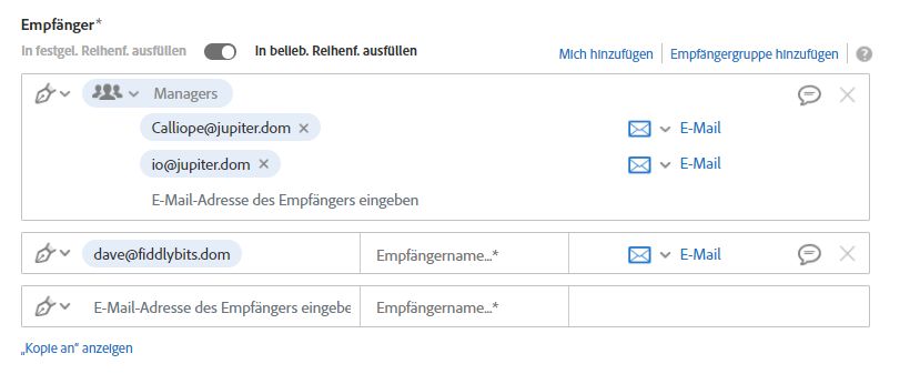 Die Eingabe des Empfängernamens ist in Empfängergruppen nicht erforderlich