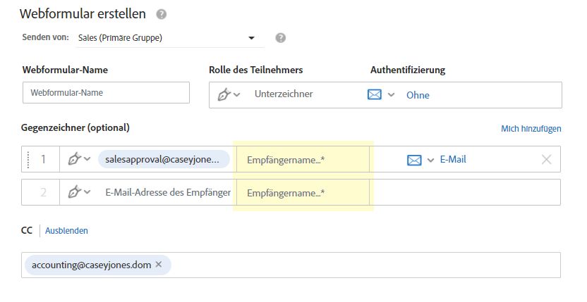 Empfängername in Webformularen erforderlich