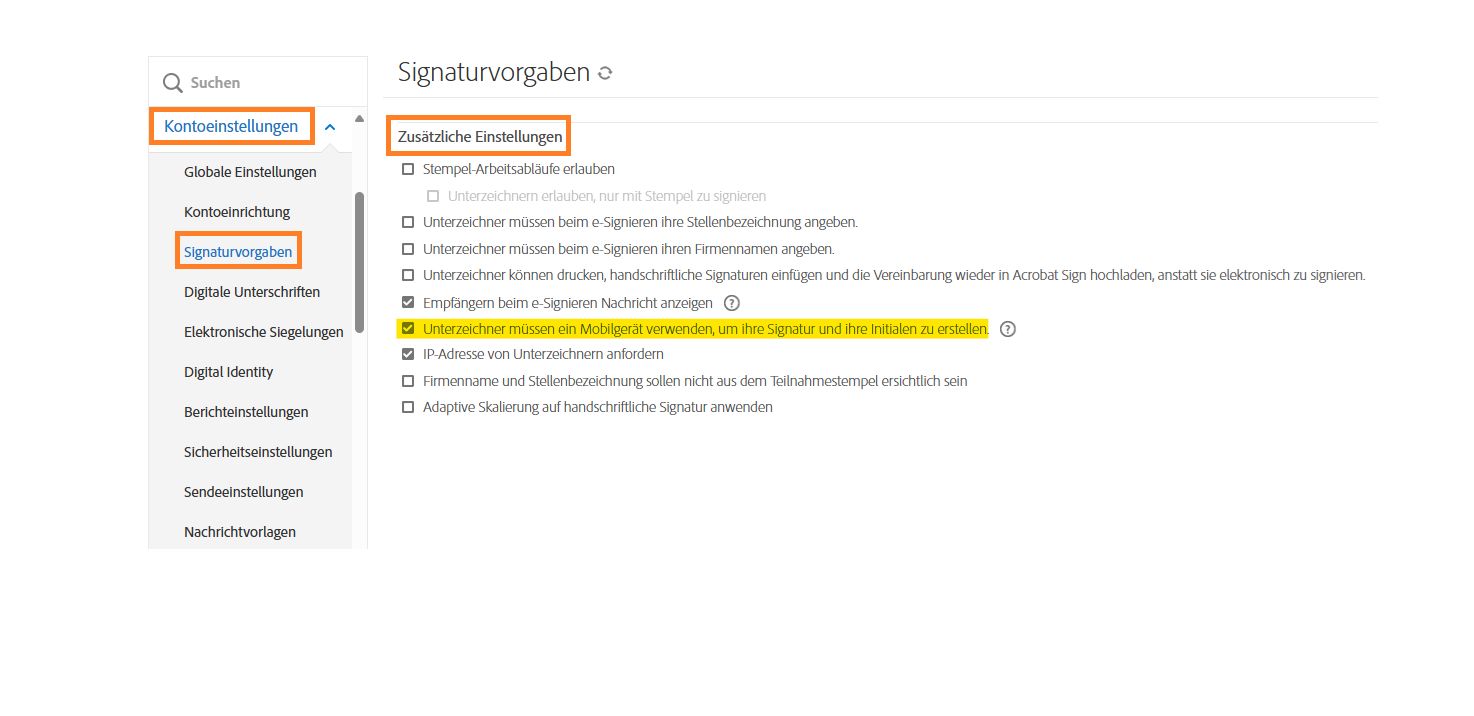 Das Admin-Menü „Signaturvorgaben“ mit hervorgehobenen Optionen für den erforderlichen Workflow für mobile Signaturen.