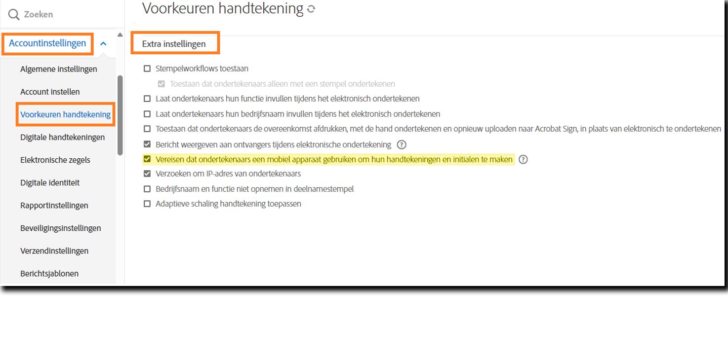 Het beheerdersmenu Handtekeningvoorkeuren met de besturingselementen voor de vereiste mobiele ondertekeningsworkflow gemarkeerd.