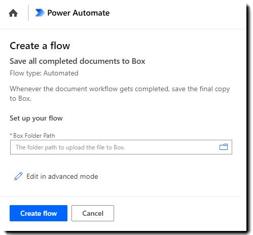 コネクタの設定に必要なフィールドが表示されたフローの作成ページ。