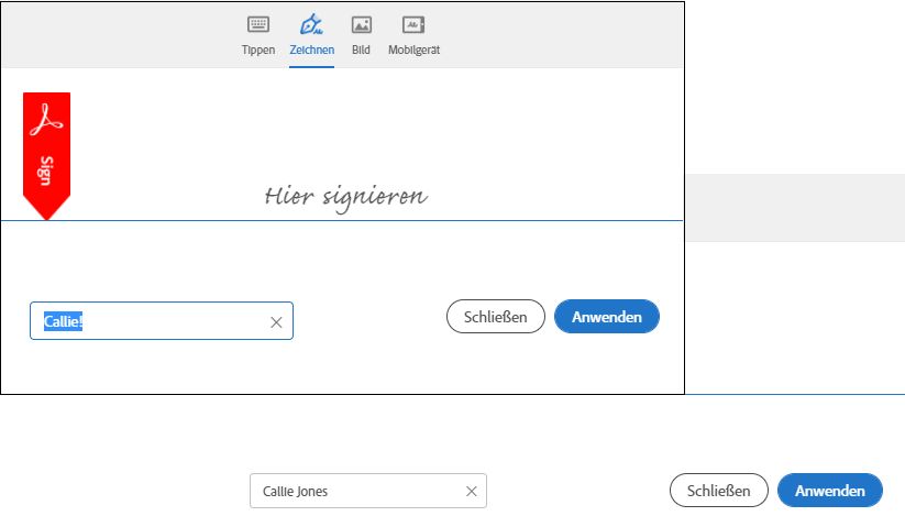 Signaturfenster für erforderlichen Empfängernamen