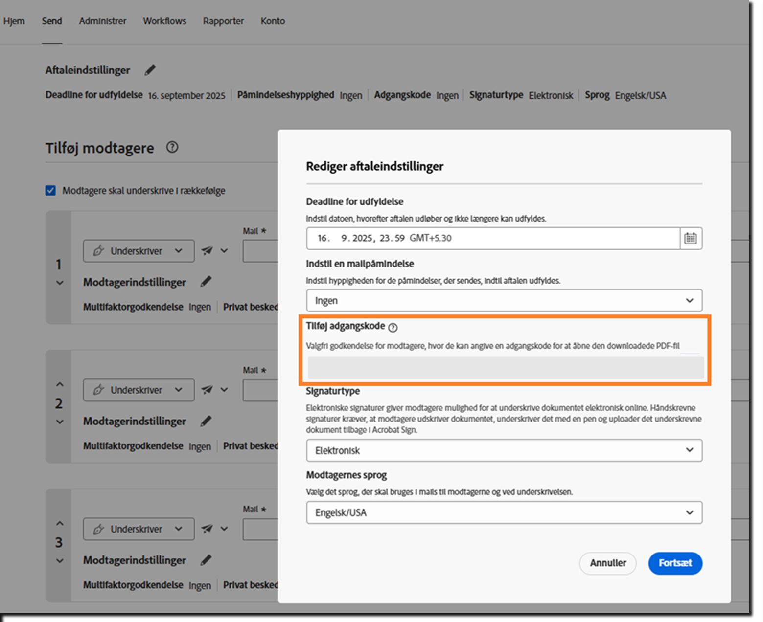 Sektionen Aftaleindstillinger i aftalen, der fremhæver det låste Tilføj adgangskode-felt.