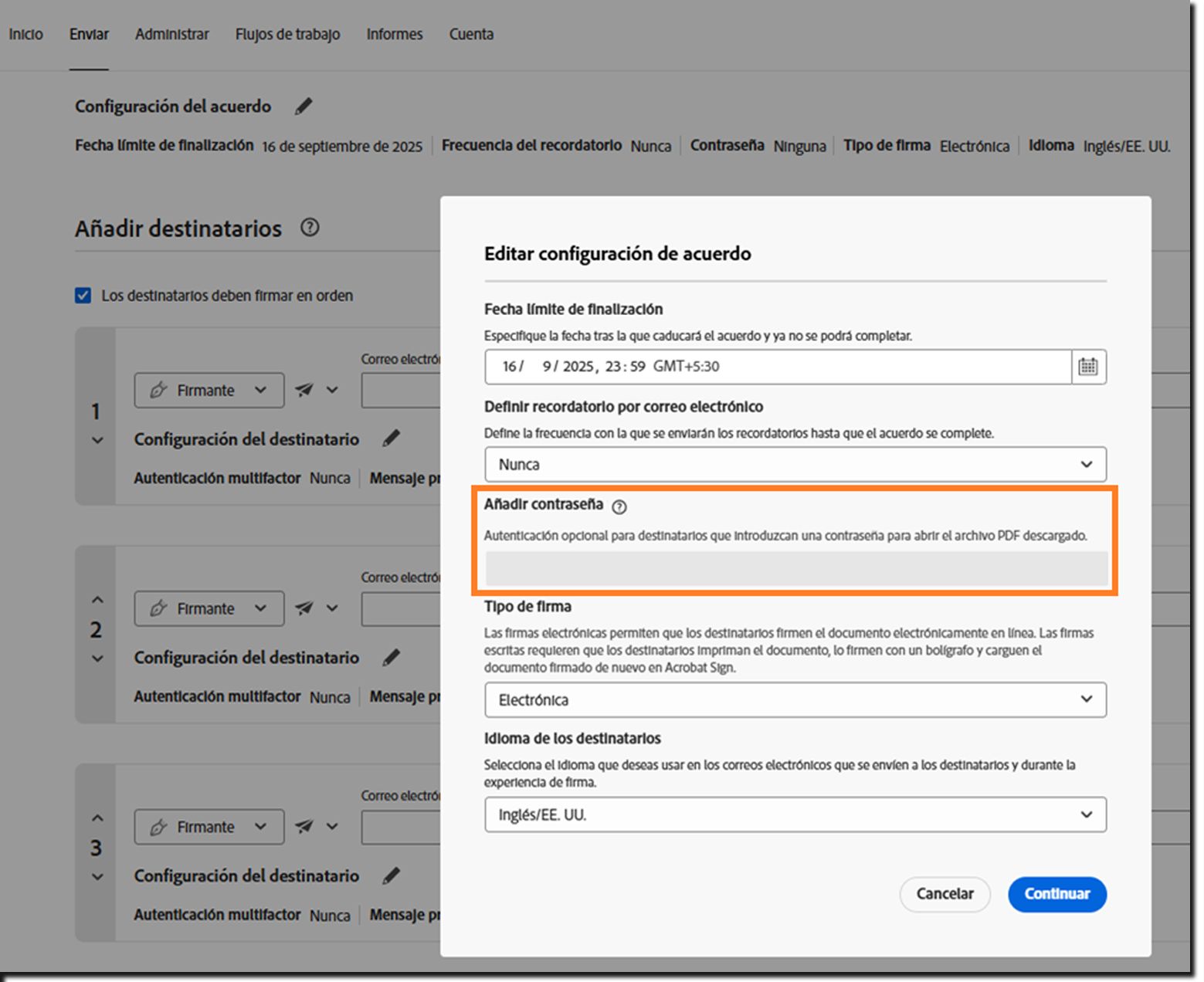 La sección Configuración del acuerdo con el campo Añadir contraseña bloqueado resaltado.