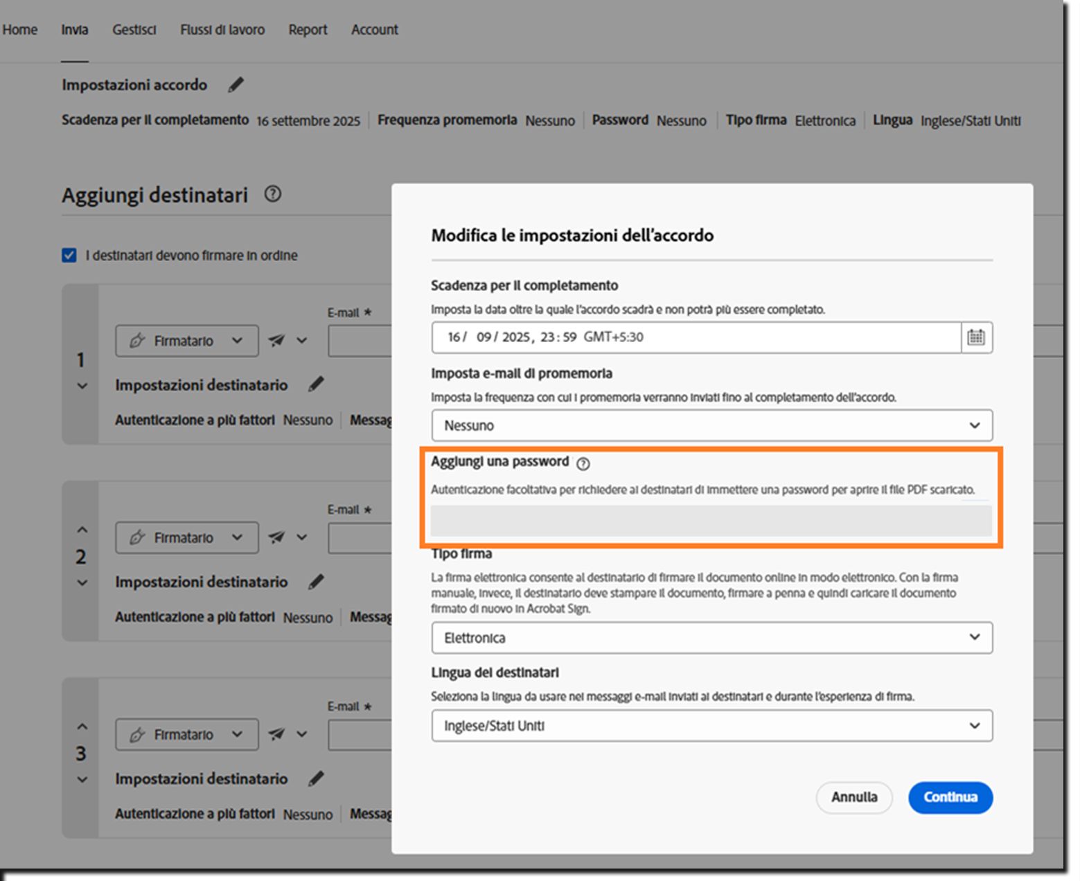 La sezione Impostazioni accordo dell’accordo on cui è evidenziato il campo Aggiungi password bloccato.