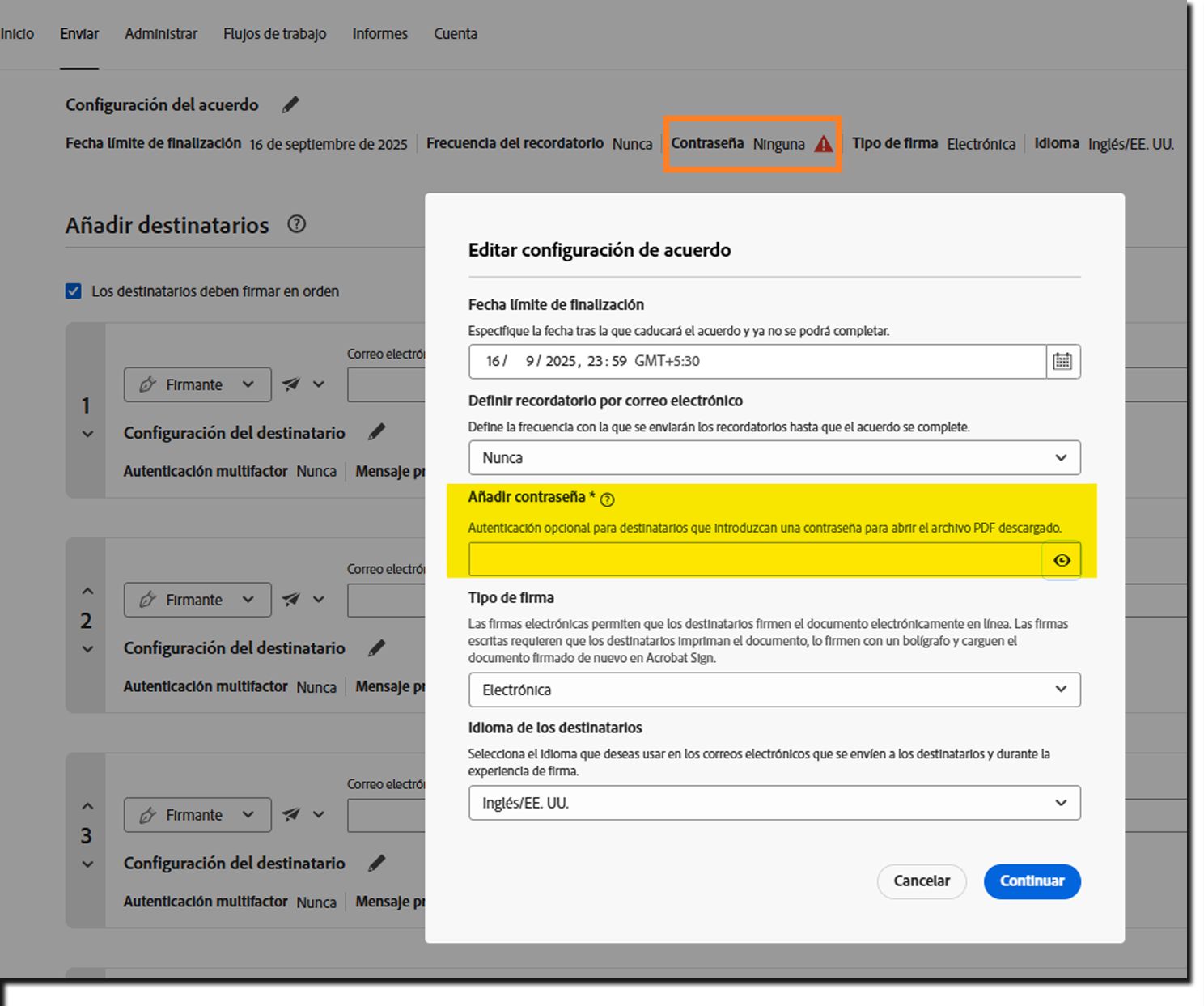 La sección Configuración del acuerdo con la configuración de alerta de la opción Añadir contraseña resaltada.