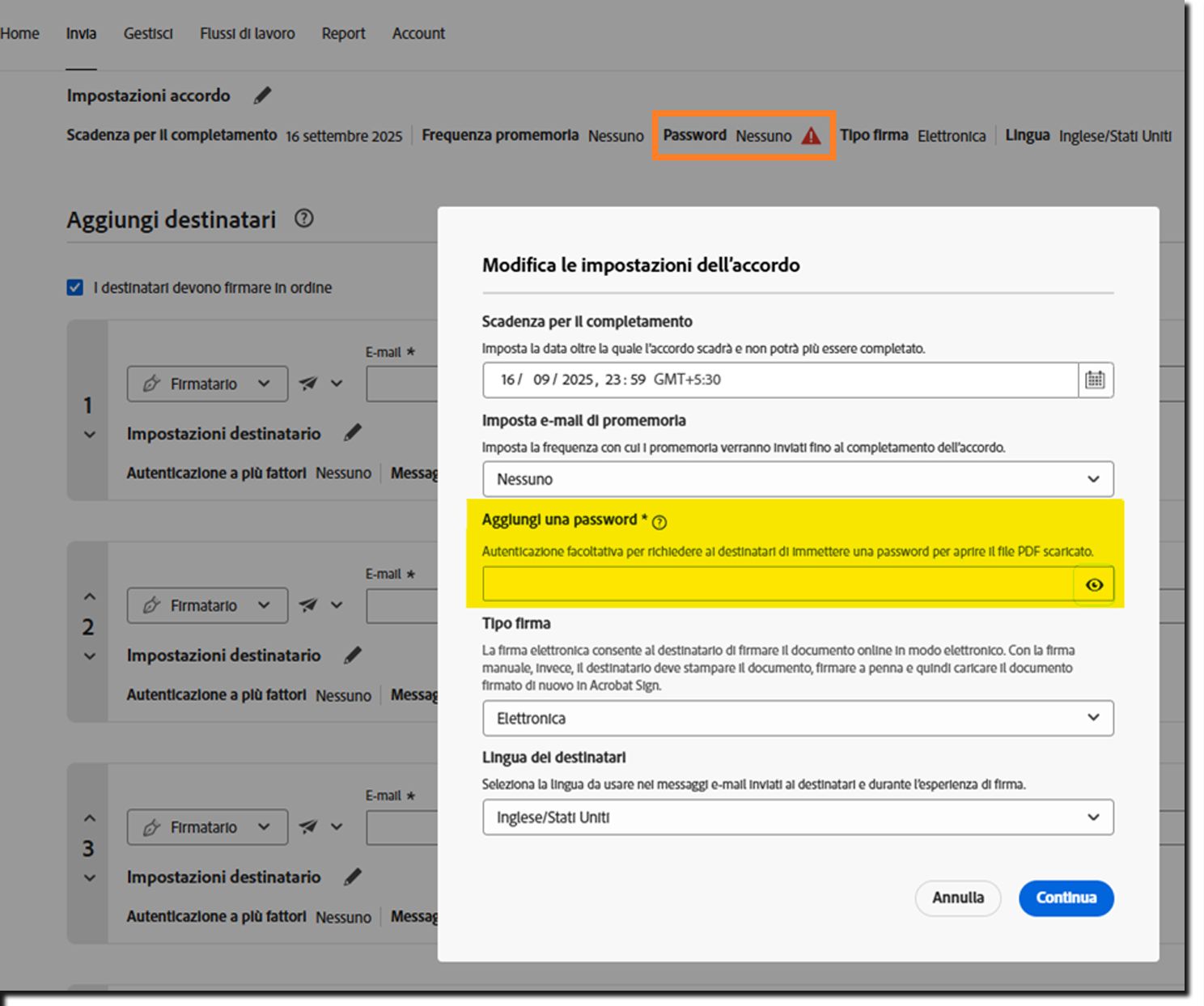 Sezione Impostazioni accordo dell’accordo in cui è evidenziato l’avviso per la configurazione dell’opzione Aggiungi password.