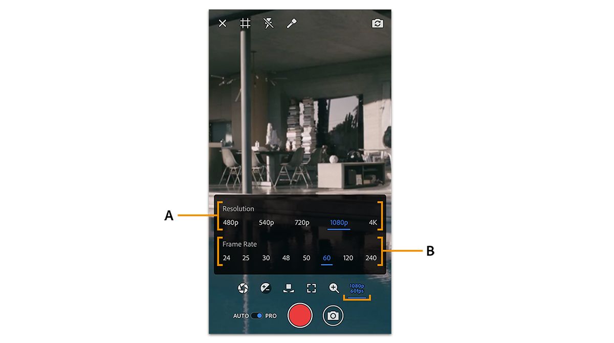 解像度とフレームレートを設定する「プロ」モードのオプション