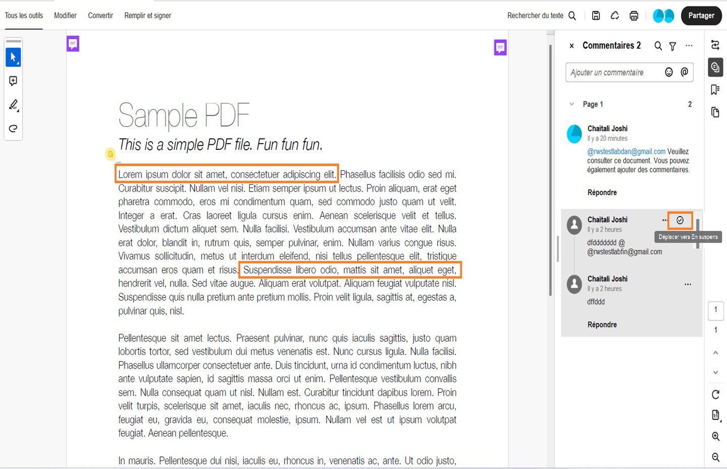 Le workflow de résolution des commentaires sélectionnés s’affiche