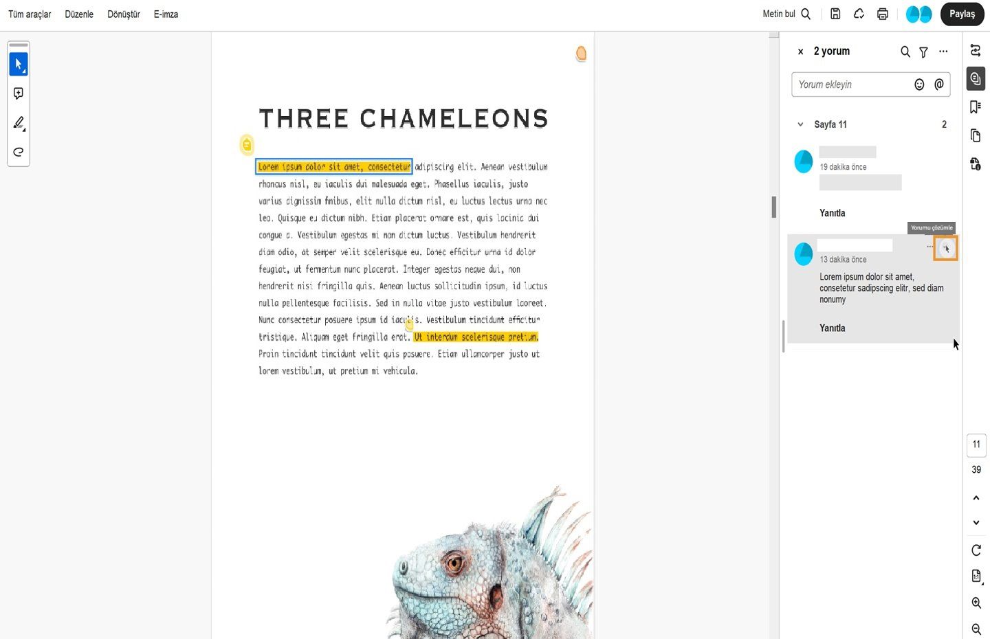 Seçili yorumları çözümle iş akışı gösteriliyor