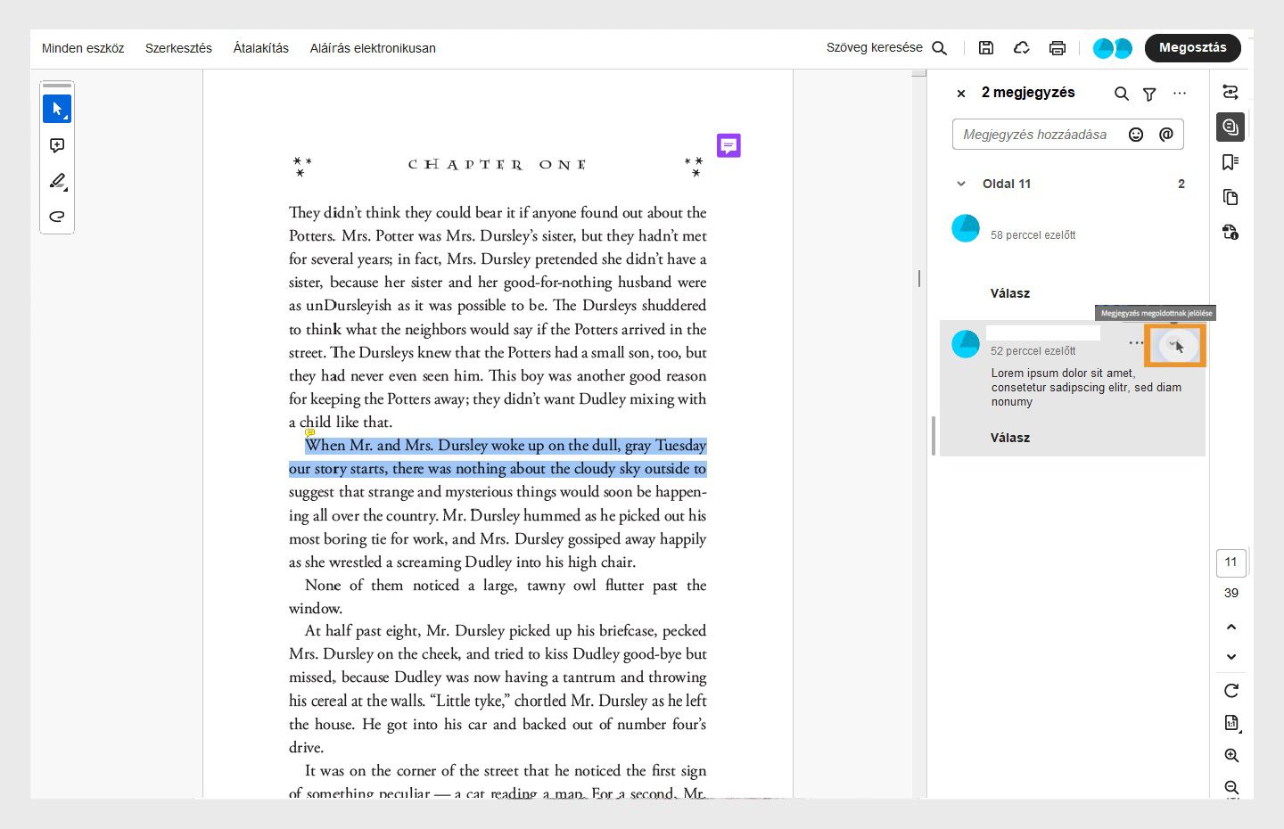 Látható a Kijelölt megjegyzés megoldása munkafolyamat