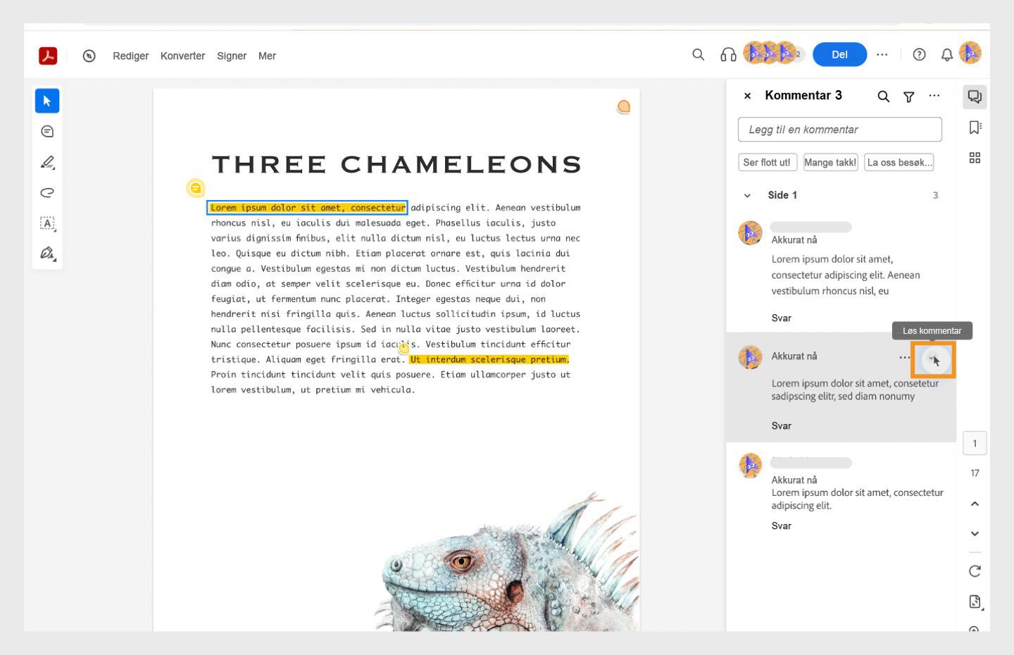 Arbeidsflyt for å løse valgte kommentarer vises