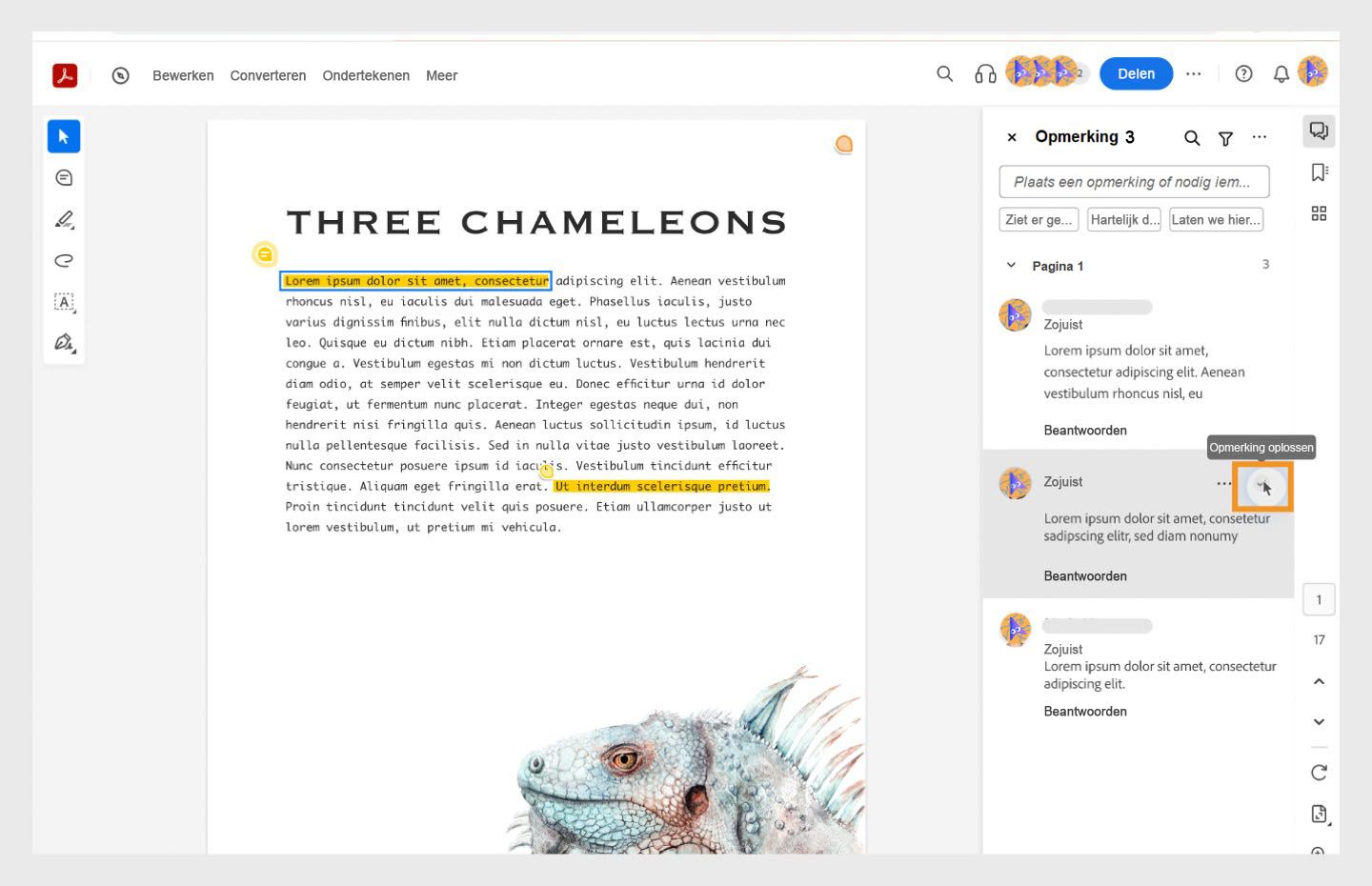De workflow voor het afhandelen van geselecteerde opmerkingen wordt weergegeven