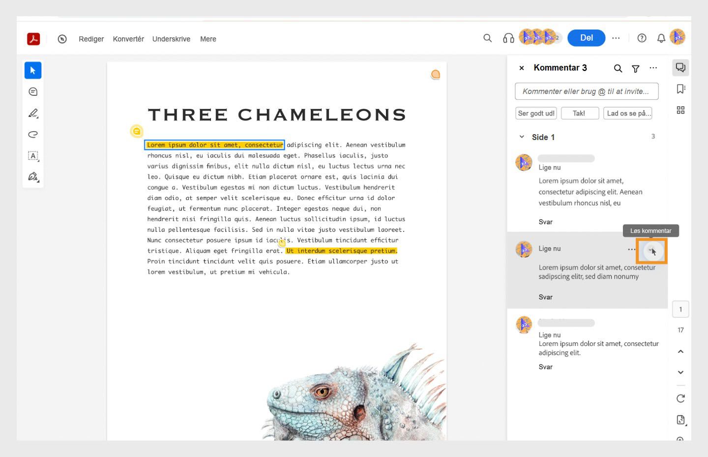 Arbejdsforløbet for løs valgte kommentarer vises