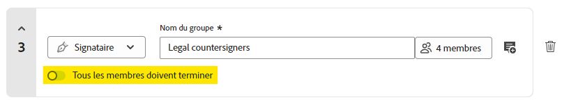 La section « Ajouter des destinataires » de la demande de signatures met en surbrillance un destinataire de groupe avec le bouton « Tous les membres doivent terminer » mis en surbrillance.