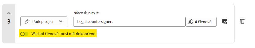 Část funkce Požádání o podpisy „Přidat příjemce“ zvýrazňující příjemce skupiny se zvýrazněným přepínačem „Všichni členové musí mít dokončeno“.