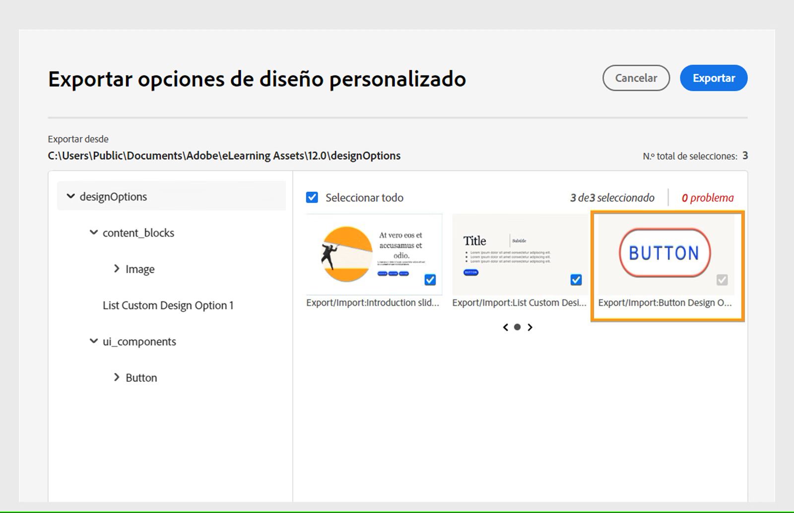 Las opciones de diseño personalizadas reutilizadas se seleccionan automáticamente.
