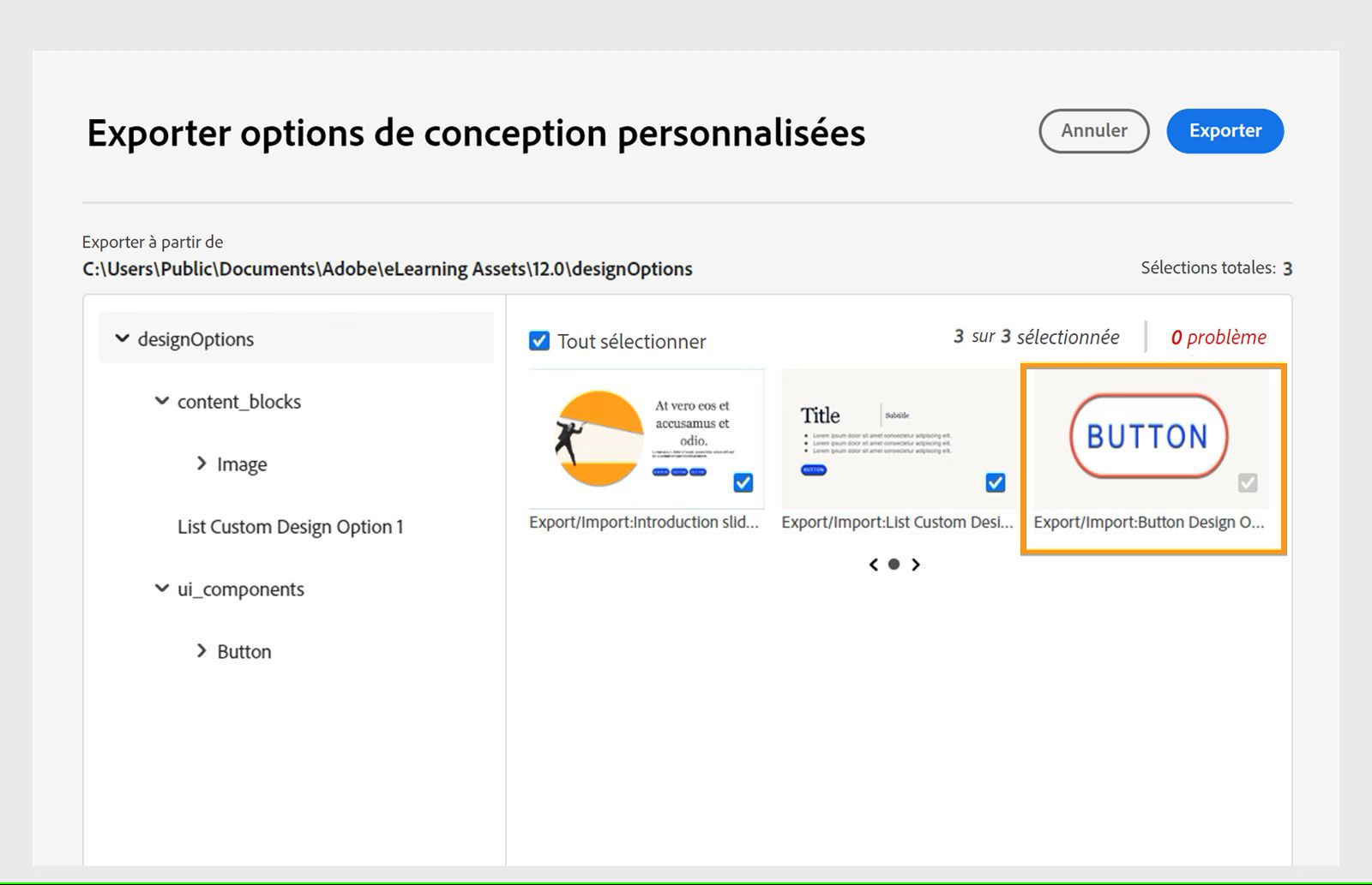 Options de conception personnalisées réutilisées automatiquement sélectionnées