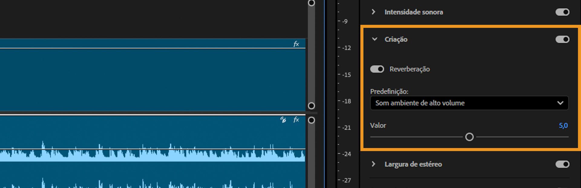 Painel Som essencial no Premiere Pro mostrando a predefinição Reverberação definida como “Sala reflexiva grande” com o controle deslizante Quantidade definido como 5,0.