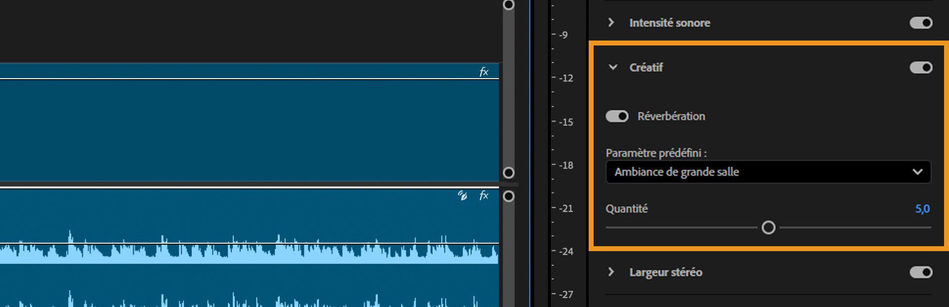 Panneau Son essentiel dans Premiere Pro montrant le préréglage de réverbération défini sur « Grande pièce réfléchissante » avec le curseur Quantité réglé sur 5,0.