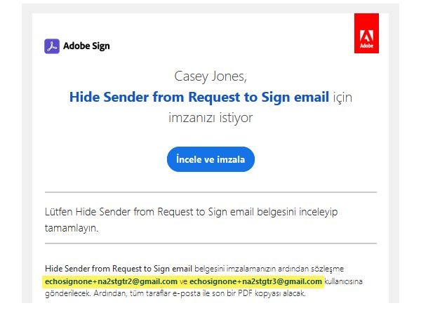  &quot;İmza Gerekli&quot; e-postasında gönderen adını ve e-posta adresini gizle seçeneği etkinleştirildi