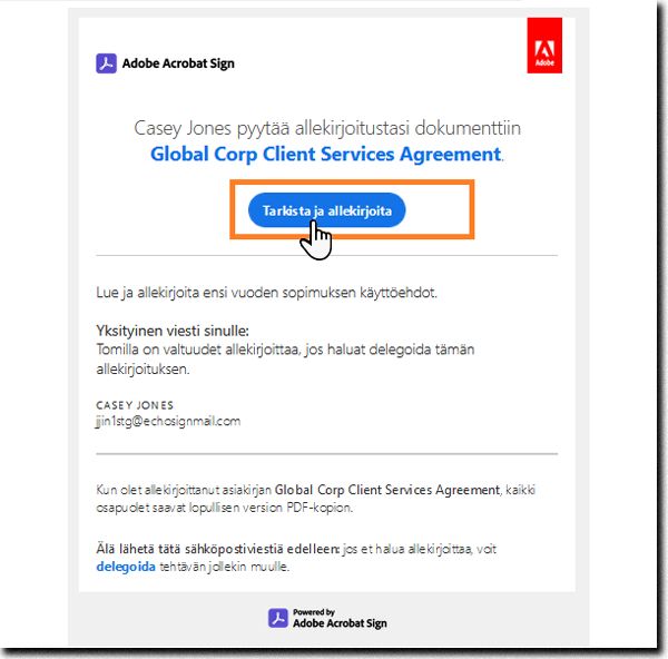 Tarkista ja allekirjoita -sähköpostiviesti, jossa oleva linkki on korostettuna.