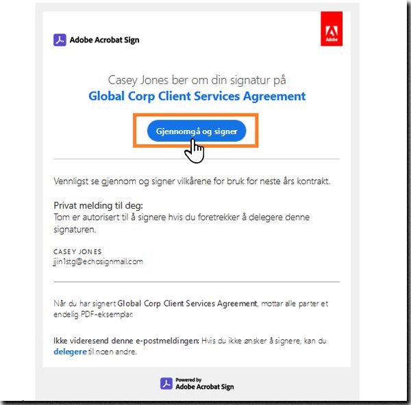 E-posten «Gå gjennom og signer» med koblingen uthevet.