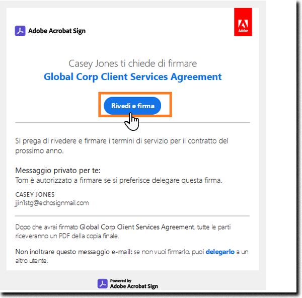 E-mail “Rivedi e firma” con il collegamento evidenziato.