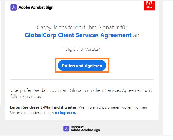 Die E-Mail „Überprüfen und signieren“ mit hervorgehobenem Link
