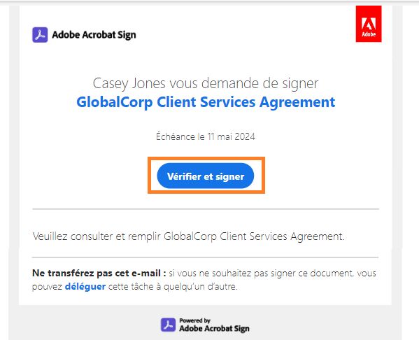 E-mail « Vérifier et signer » avec le lien mis en évidence.