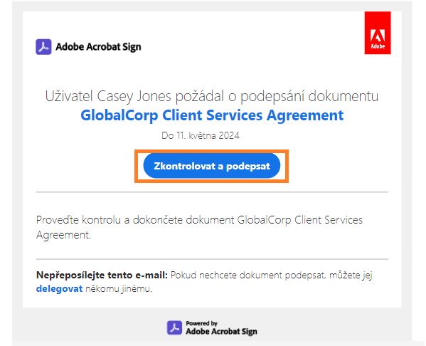 E-mail „Zkontrolovat a podepsat“ se zvýrazněným odkazem.
