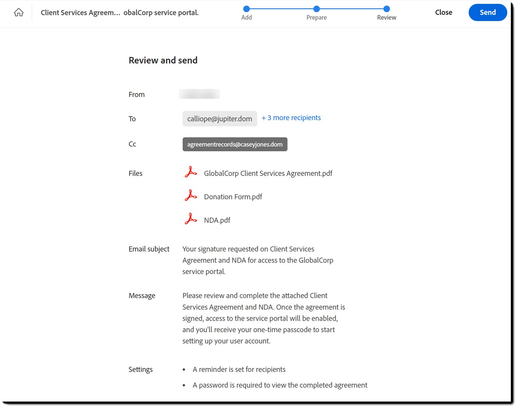La pagina di Revisione che mostra gli elementi configurati del Modello.