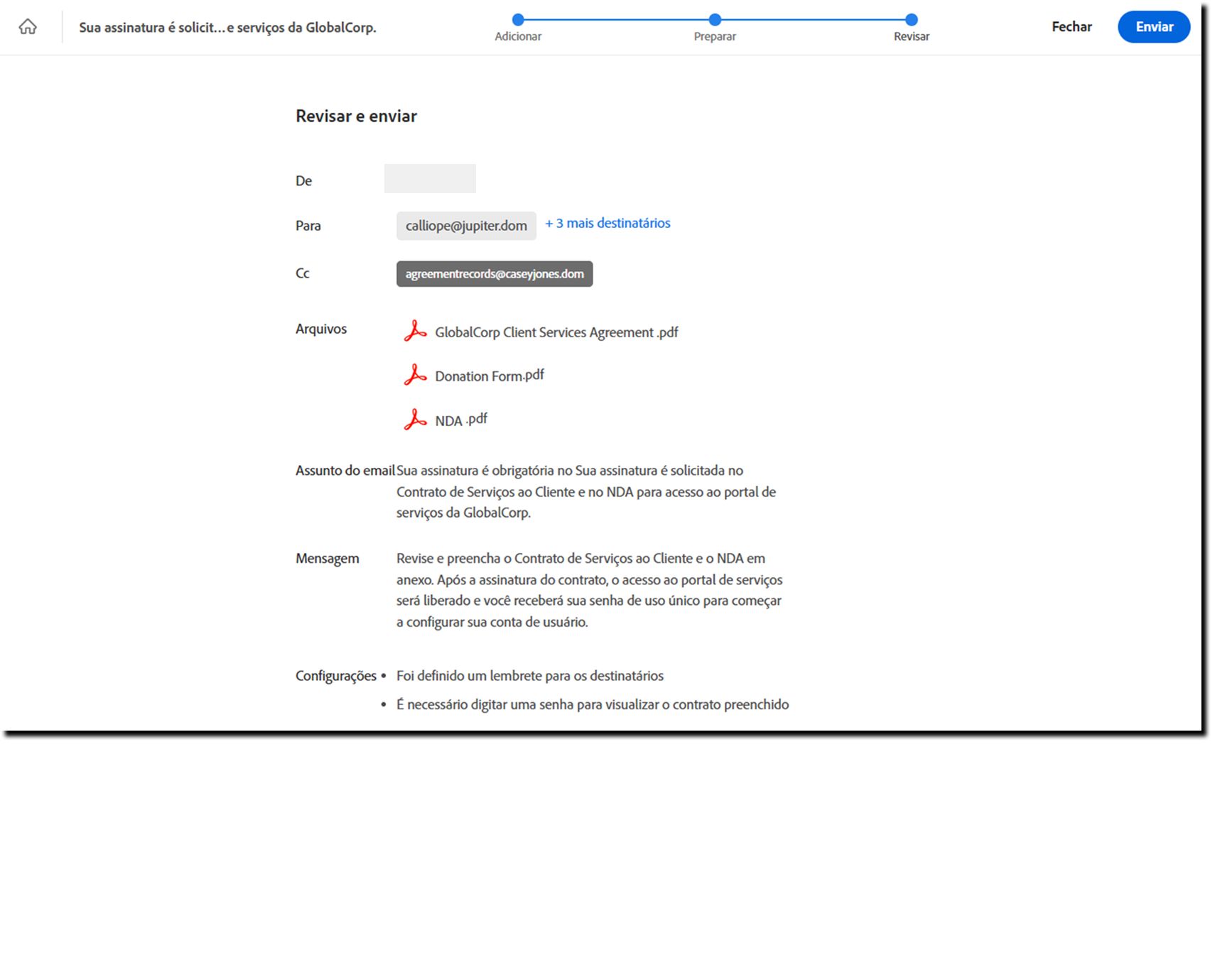 A página de Revisão mostrando os elementos configurados do modelo.
