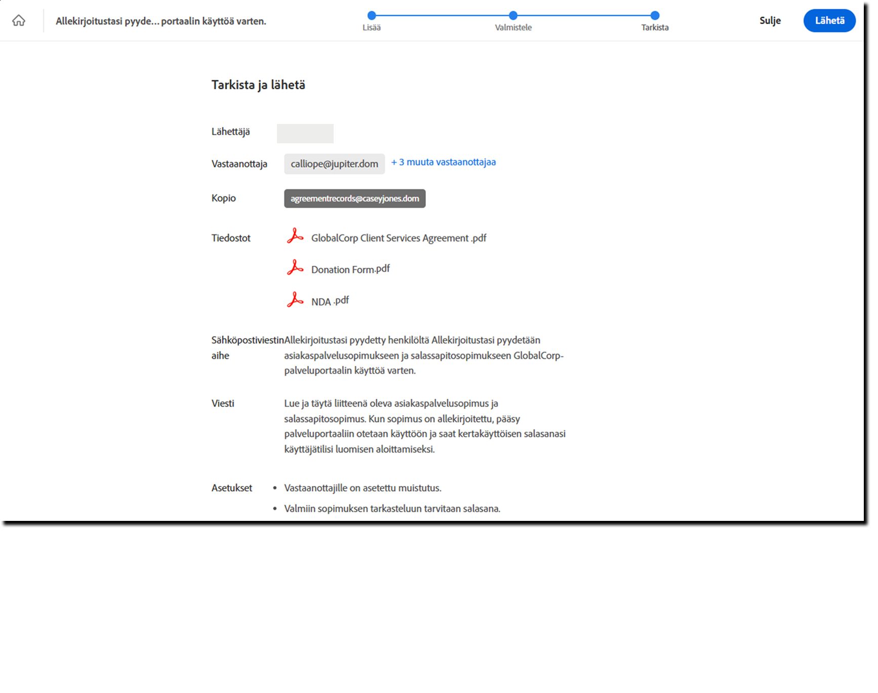 Tarkastelusivu, jossa näkyvät mallin määritetyt elementit.